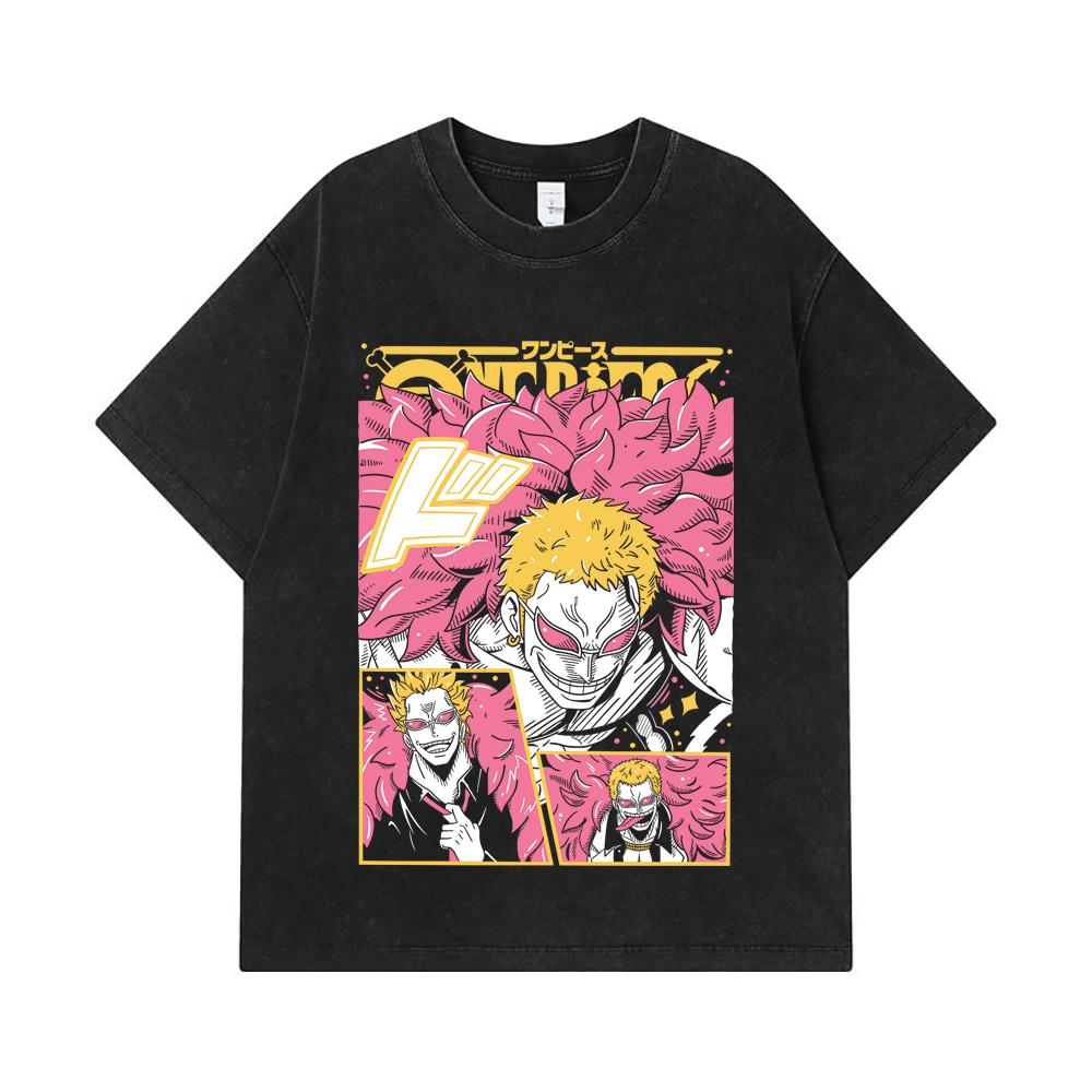 Стиранные футболки 275 г/м² 100% Хлопок One Piece V45 Принт Дофламинго Унисекс Плотная хлопковая футболка