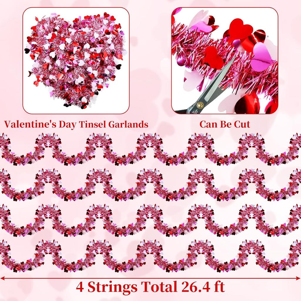 4 Strings Total 26.4 ft Valentines Tel Garlands - Each 6.6 ft Metallic Fringe Garland with Hearts Hanging Glitter Streamers for Wedding, Engagement,