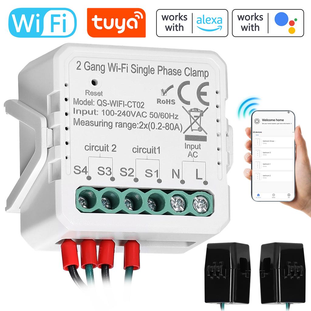 Newest Tuya WiFi Energy Meter 1/2 Gang 80A Single Phase Clamp Solar PV Bidirectional Two Way APP Control Current Transformer