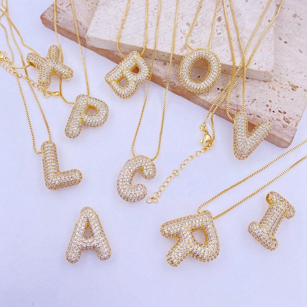 Cubic Zirconia Gold Plated Bubble Alphabet Letter Necklace Monogram Necklace Balloon Initial Necklace Gifts for Women Ladies