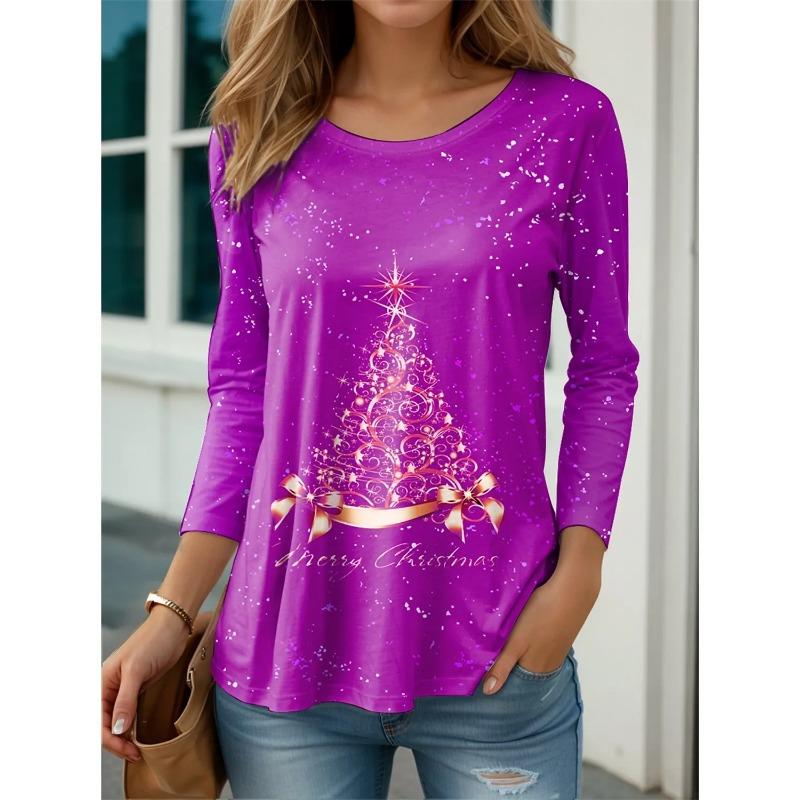 Летний топ с круглым вырезом и 3D рождественским принтом, модные и повседневные женские футболки с длинными рукавами