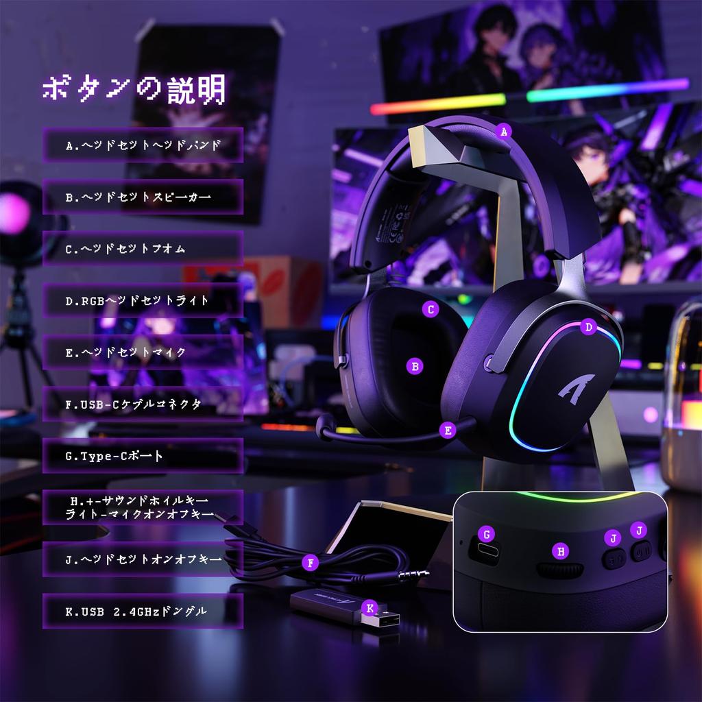 ATTACK SHARK G800 Gaming Professional Wireless Surround Sound with Sound 3 Aluminum 50mm AI Removable Adjustable Compatible with and PS5 Headset, RGB,
