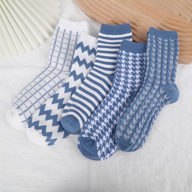 5 пар осенне-зимних носков-трубочек среднего размера с креативным геометрическим дизайном, детские повседневные носки в студенческом стиле, женские средние носки-трубочки