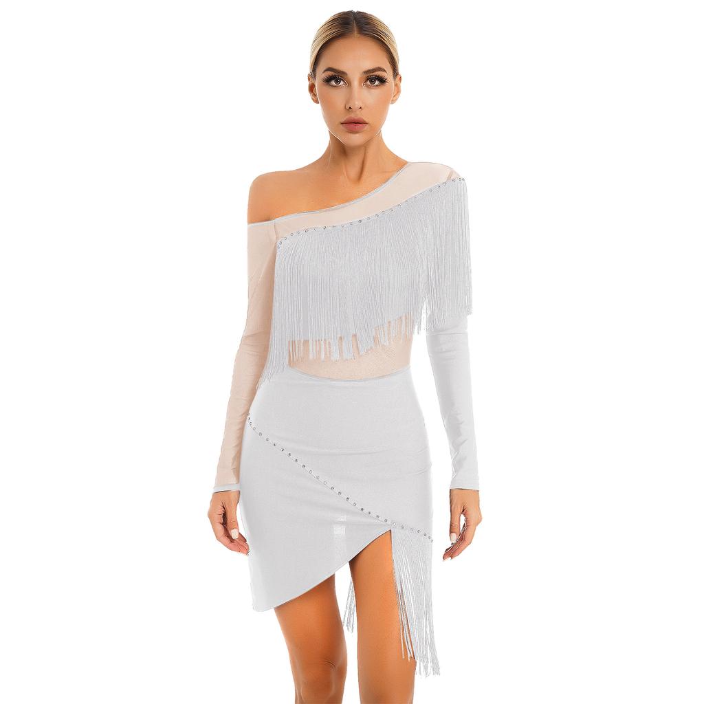 Womens Tango Dance Dress Oblique Shoulder Fringed Design with Sheer Mesh Patchwork and Irregular Hem Latin Costume