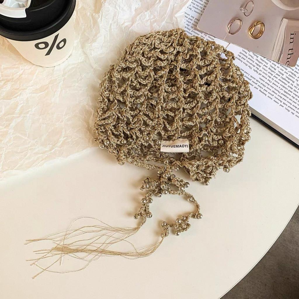 Japanese Pearl Hollowed-Out Handmade Crochet Headgear Female Summer Fringed Sweet Pullover Hat Showing Face Small Knitted Cold Hat