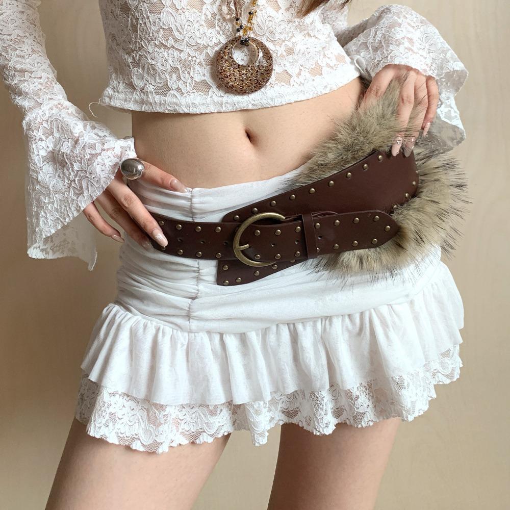 ПУ Кожа Кожа Мех Ремень Клепки Y2K Пояс Винтажный Плюшевый Ремень Женский/Девочки