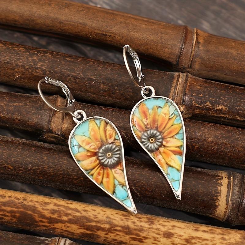 Винтажные висячие серьги неправильной формы в виде капель с узором подсолнуха, ретро стиль отпуска, ювелирные изделия из сплава, нежный женский подарок