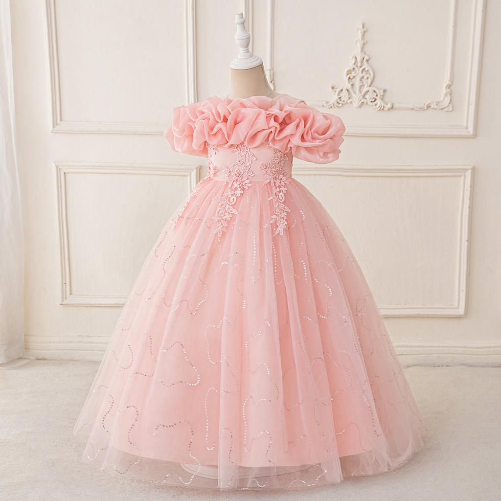 Flower Girl Princess Dress For Weddings Summer Kid Formal Bow Long Gown For School Evening Party Children New Year Cloth LP-0002