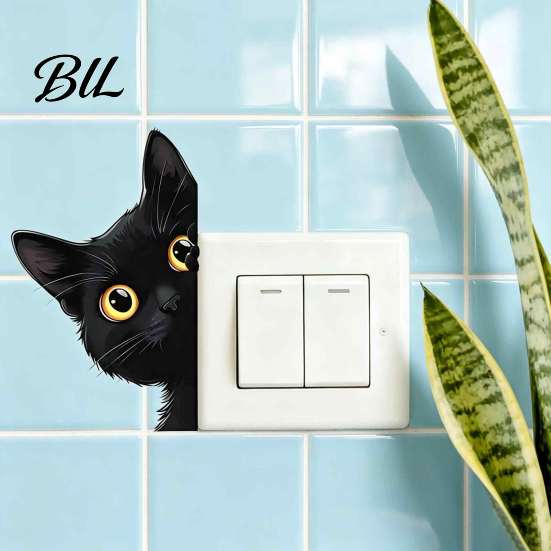 Funny Pet Pattern Wall Clings Cute Cat Light Switch Decal, Cartoon Black Peeking Sticker, Peel Decals And Stick Sticker for Nursery Living Room