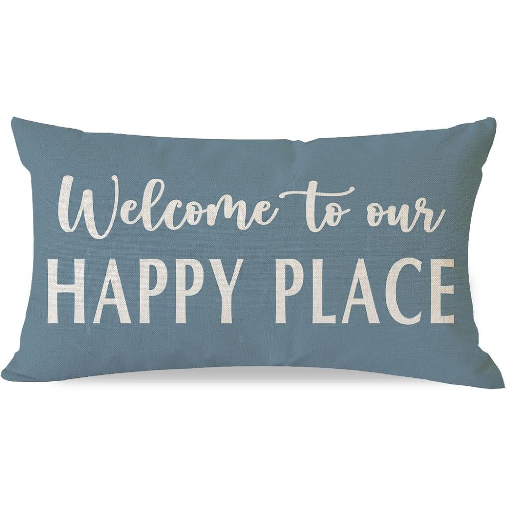 Decorative Throw Pillow Cover 12x20 Inch Welcome to Our Happy Place Black White Outdoor Modern Farmhouse Front Porch Patio Decor Lumbar Cushion Case