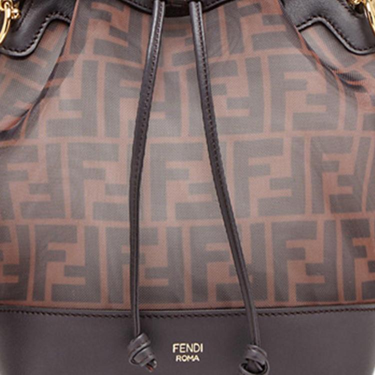 Fendi Mon Tresor Logo FF Pattern High-Tech Breathable Mesh And Leather Drawstring Bucket Bag Women Bags Brown 8BT298-A8HN-F12PK