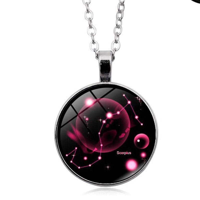 Glowing Zodiac Constellation Gemstone Pendant Necklace Vintage Versatile Sweater Chain Jewelry Accessory