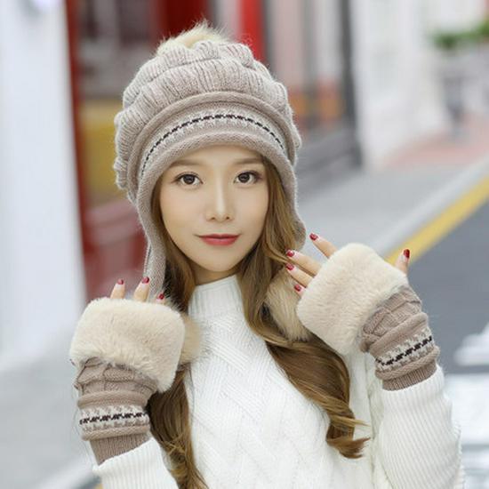 Women's Winter Velvet Rabbit Fur Knitted Wool Hat with Fur Ball and Earmuffs Beret.