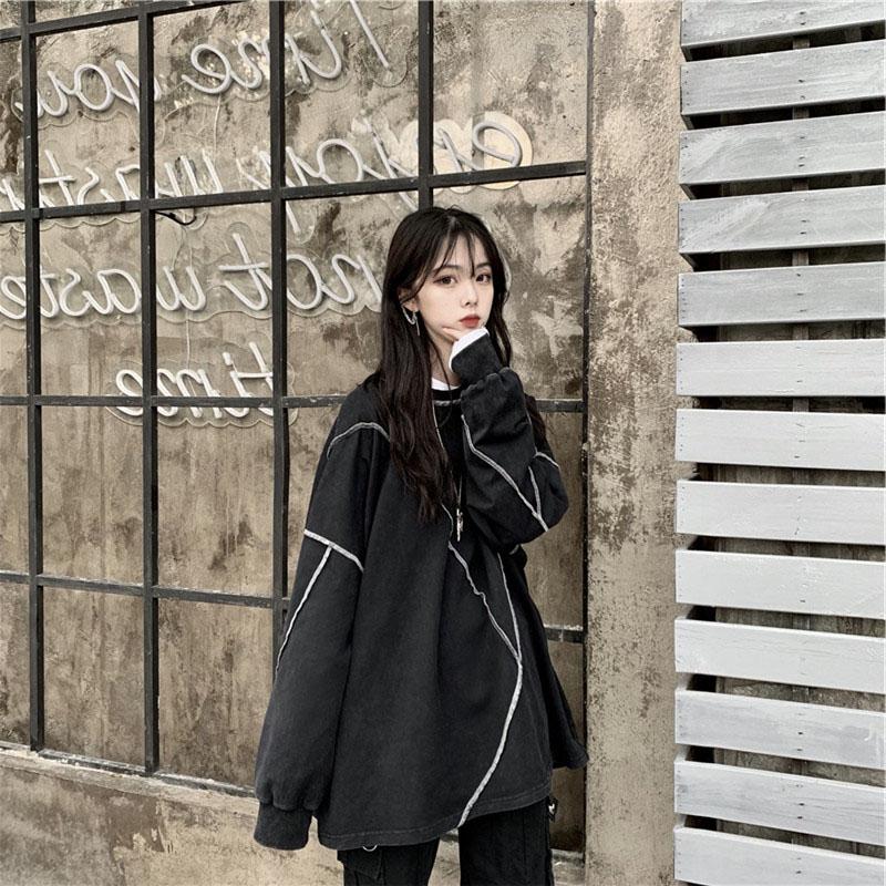 Толстовки без шляпы Harajuku BF Style Черные хип-хоп Шикарные толстовки для подростков Осенние модные универсальные повседневные простые женские уличные одежды Новинка
