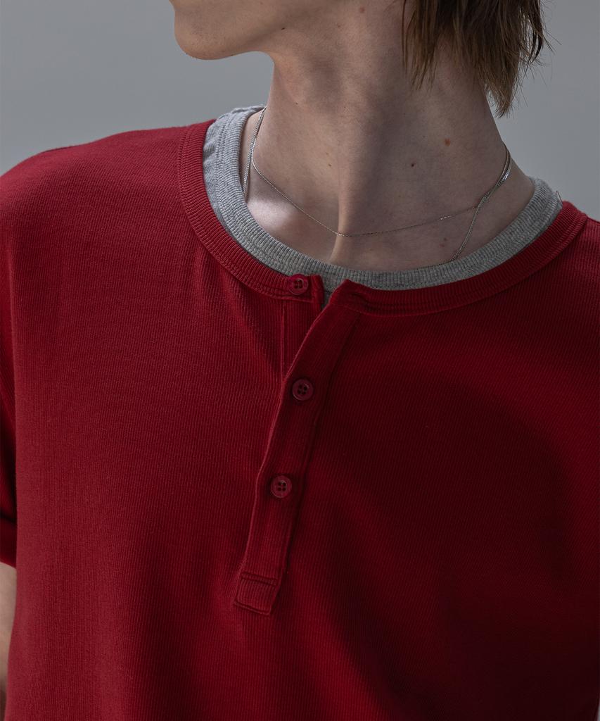 Dekkoloso Простая многослойная футболка-henley с коротким рукавом [Глубокий красный]