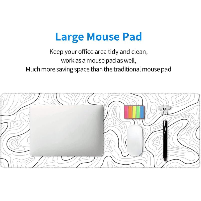 Abstract Topographic Map White Grey Black Gaming Mouse Pad Long Mouse Pad Large Desk Mat 31.5 X 11.8 Inch Mousepad with Non-Slip Base Stitched Edge