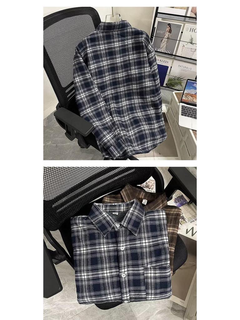 Мужская фланелевая рубашка на флисовой подкладке в клетку - Повседневная куртка в стиле ретро с длинным рукавом для осени/зимы