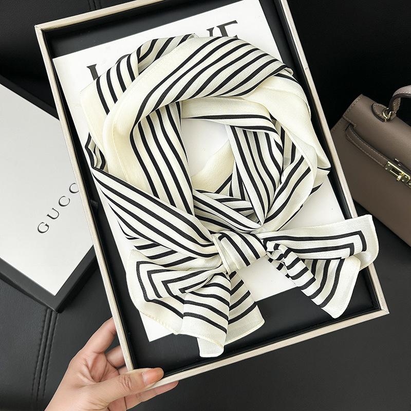 Black and White Paper Pattern Mulberry Silk Silk Scarf Women's Long Strip Simple and Versatile Silk Small Scarf Spring and Autumn Thin Silk Scarf