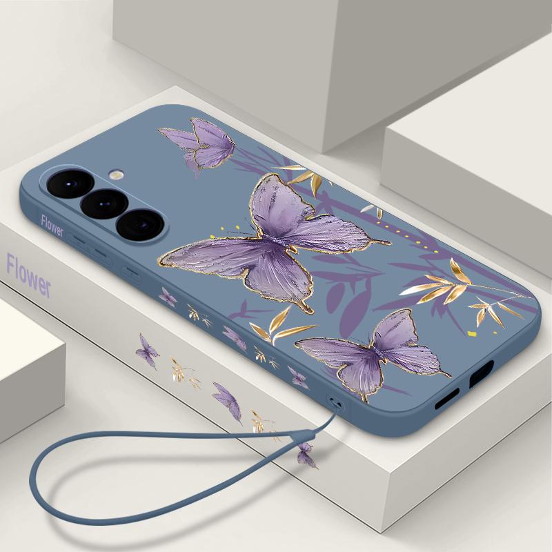 Чехол для Samsung Galaxy S24 S25 Ultra S23 S22 Ultra S21 S20 FE с рисунком бамбука и бабочек, чехол со шнурком для Samsung A56 A17 A26 A16 A36 A55 A54 A53 A15