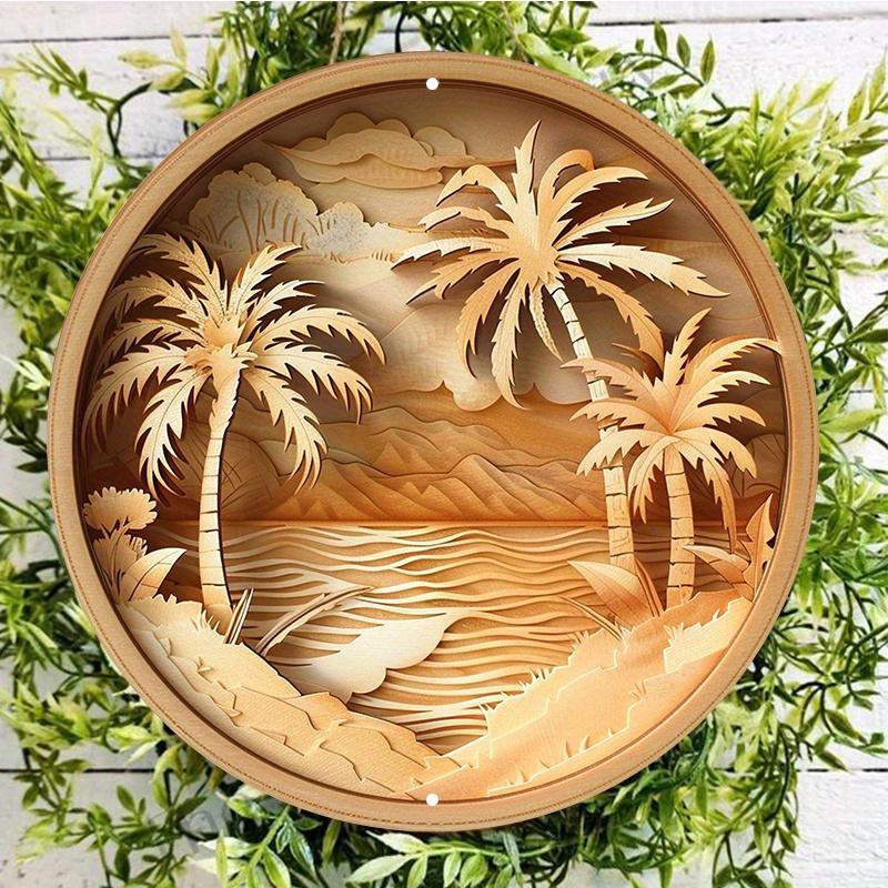 Tropical Palm Trees and Leaves Wooden Sign, Round Wall Decor, Weather Resistant Door Hanger, Wreath Decor