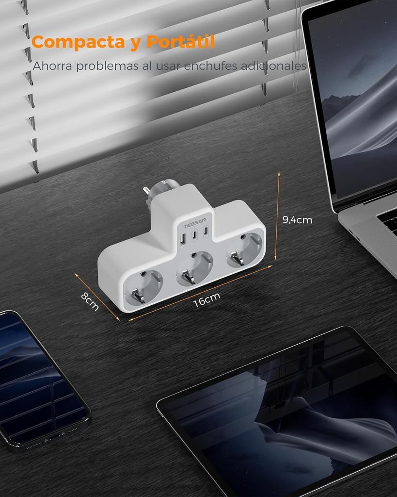 Tessan Multiple Wall Socket with 2 USB C 1 USB A Ports, 6 In 1 USB Adapter with Overload Protection for Smartphone,Tablet