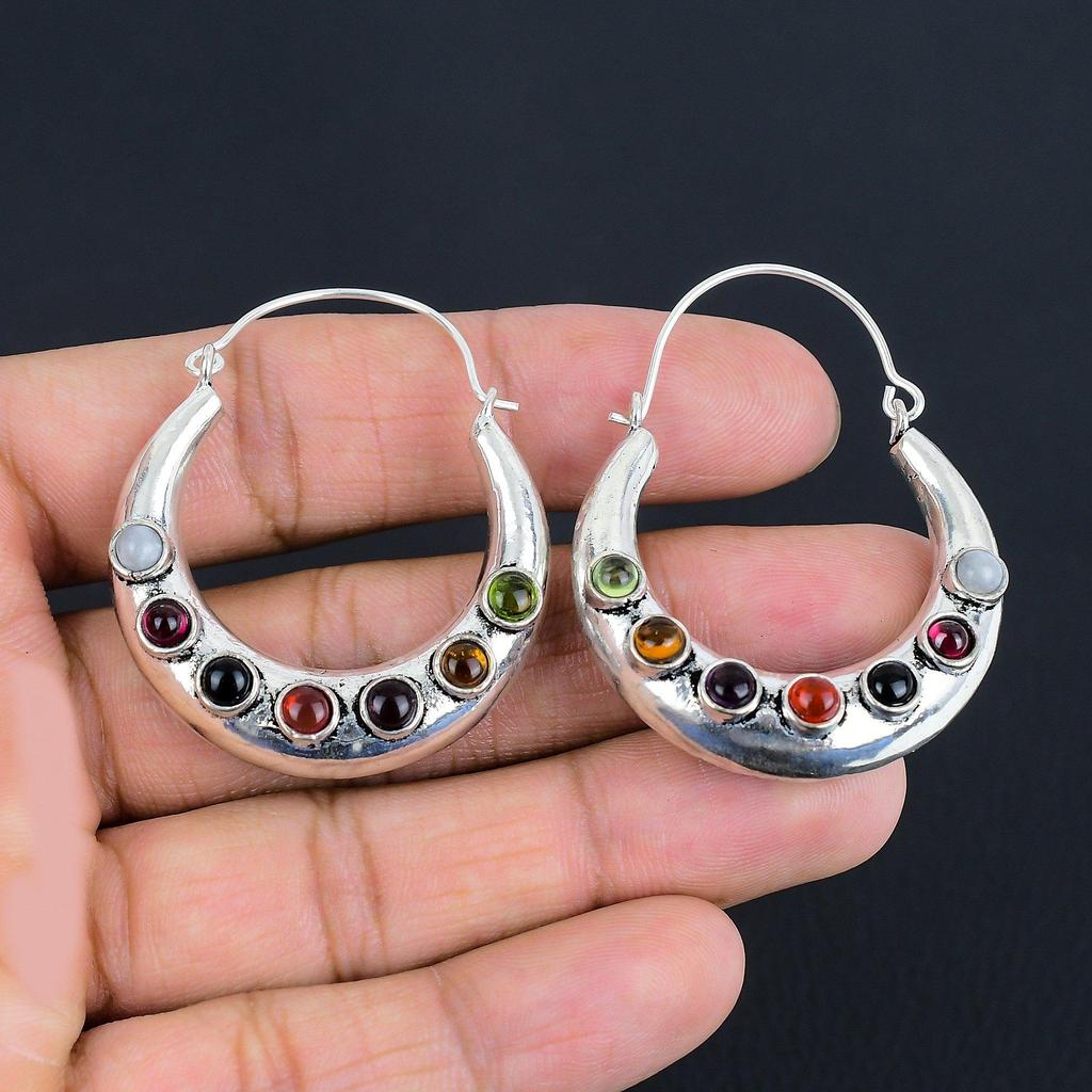 Серьги с полумесяцем и семью чакрами из драгоценных камней | Серебро 925 пробы | Серьги с чакрами-медиациями | Серебряные серьги ручной работы для женщин и девушек