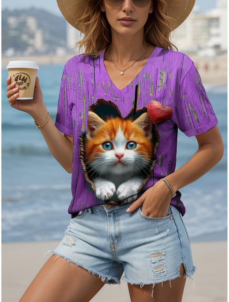 Женская футболка Kawaii Animal Graphic Fashion с короткими рукавами и V-образным вырезом, обычные топы с принтом на каждый день, летние и весенние повседневные топы