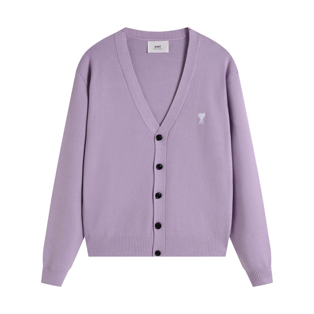 AMI Autumn and Winter New Little White Heart Alpaca Wool Blended Soft and Sticky Knitted Cardigan Round Neck Cloud Sweater Pocket Coat