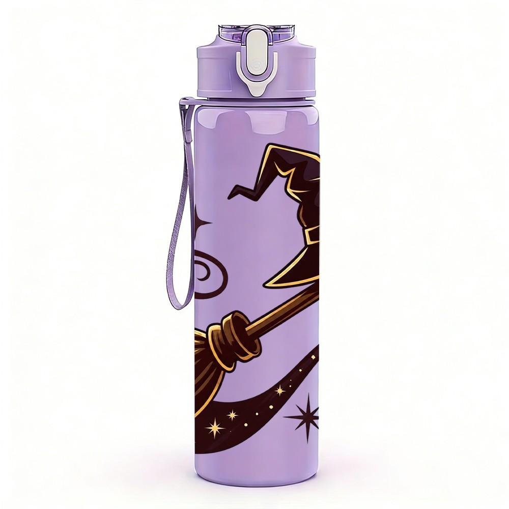 1PC Vintage Flying Witch Broom Hat Print 750ml Color Plastic Sports Water Bottle Leakproof Flip Straw Lid Suitable for Sports Office Home Use