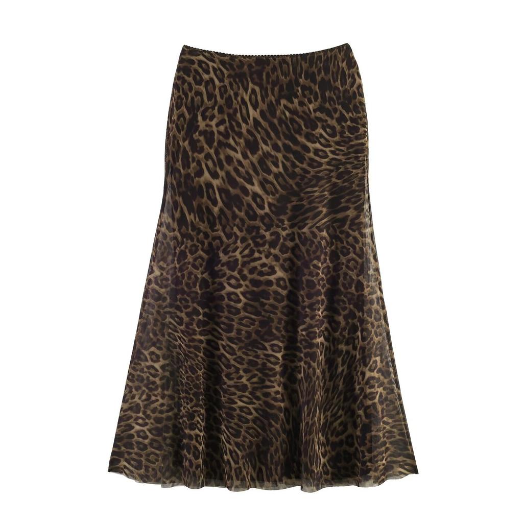 European and American style French women's fashion animal pattern printed silk mesh top + printed silk mesh skirt