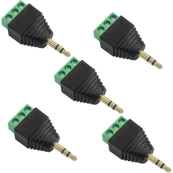 5 Pack TS Mono Male to 3 Pin Screw Terminal AUX Headphone Balun Connector, 3.5mm Audio Connector Solder Free Plug for Microphone