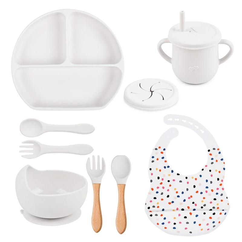 9 шт., набор детской посуды, пищевая силиконовая детская посуда для детей, миска для нагрудника с милым принтом, нескользящие тарелки с присоской BPAFREE