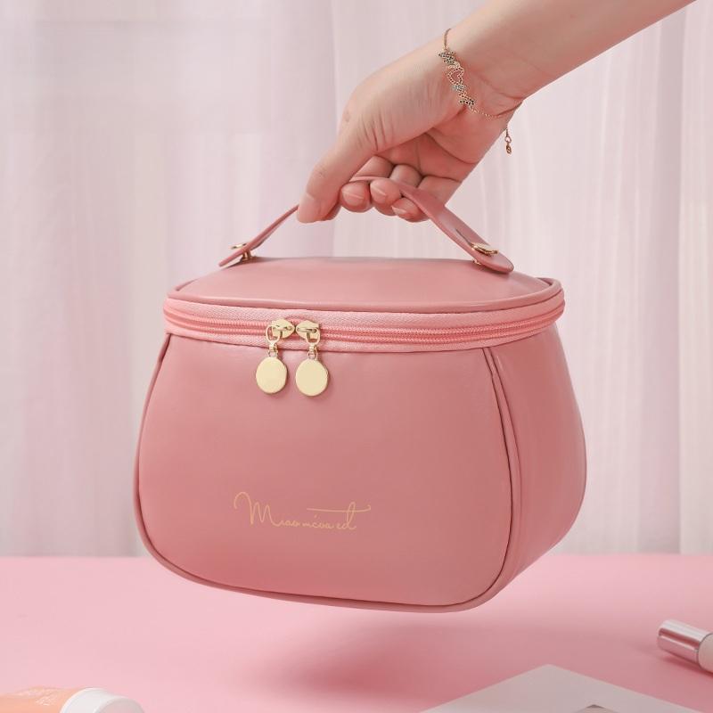 Stylish PU Leather Toiletry Organizer Bag, Large Capacity Makeup Pouch with Built-in Brush Slots