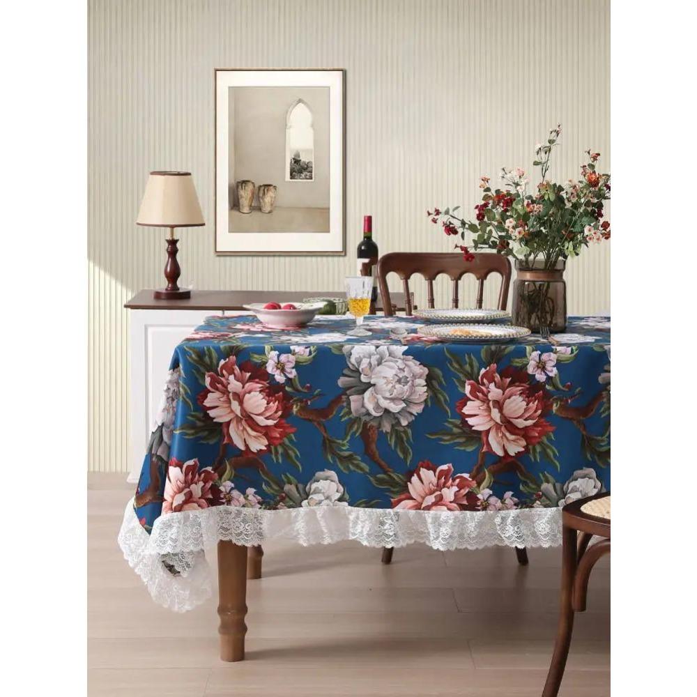 Черная скатерть с цветочным и птичьим узором, американский стиль, белое кружево, покрытие для столешницы, водонепроницаемая, противоскользящая, износостойкая скатерть