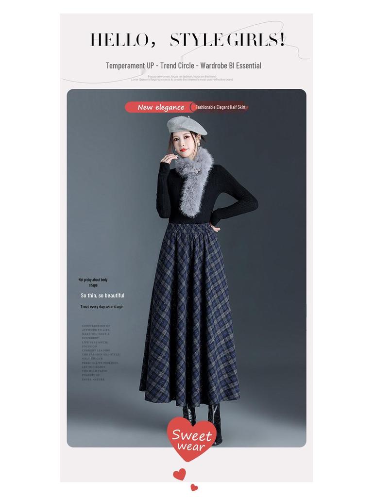 Plaid Drapey A-line Elastic Waist Pleated Midi Skirt - 2025 Winter Slimming Edition