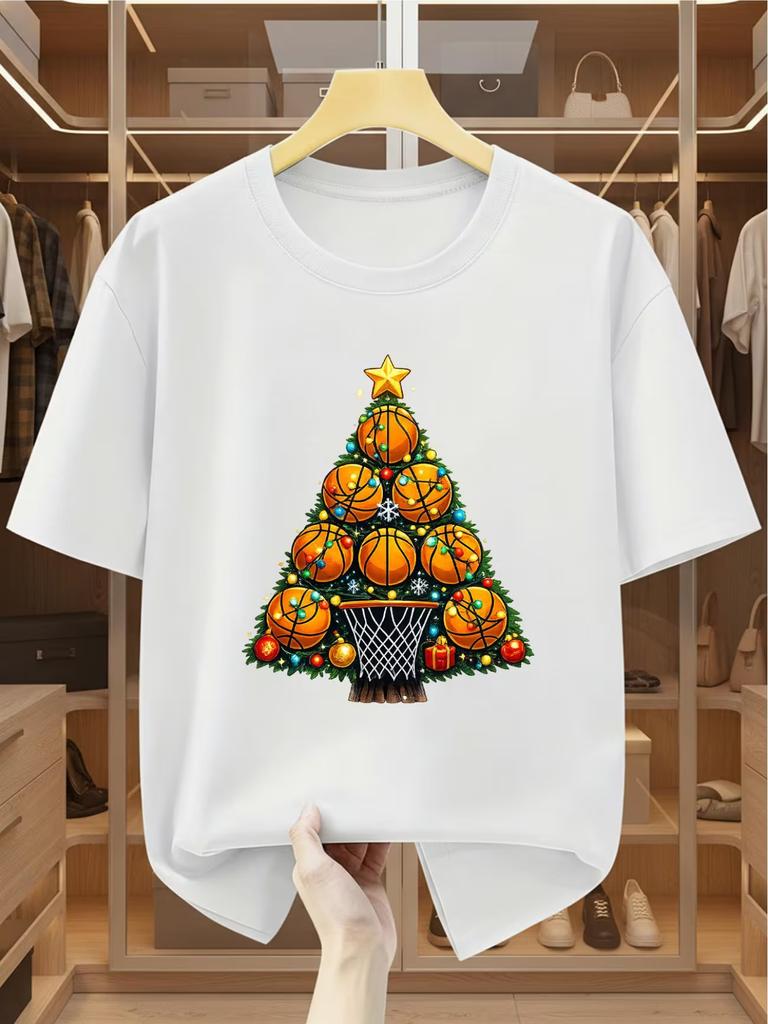 Basketball Christmas Tree Print Short Sleeve Cotton T-Shirt