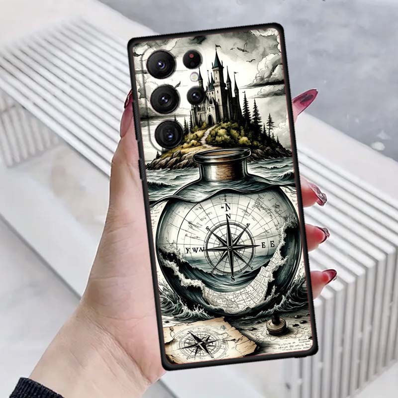 Винтажная иллюстрация компаса Для Samsung Galaxy S26 S25 S24 S23 S22 S21 S20 Ultra Plus FE 5G Черный Мягкий ТПУ Чехол для Телефона