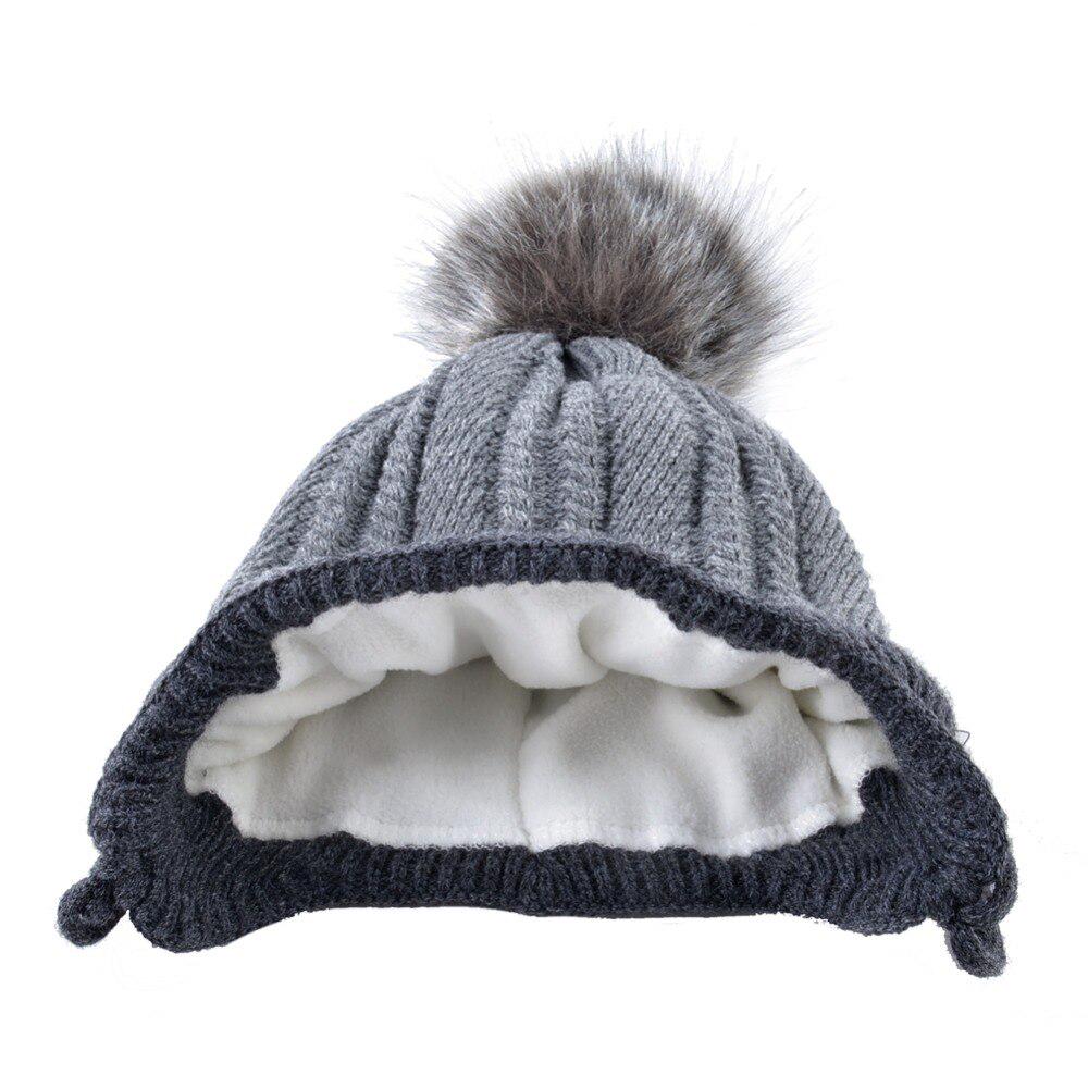 Warm Children Hat Scarf Set Winter Thick Knitted Faux Fur Pompom Beanie Boys Knit Kids Baby Hats Set
