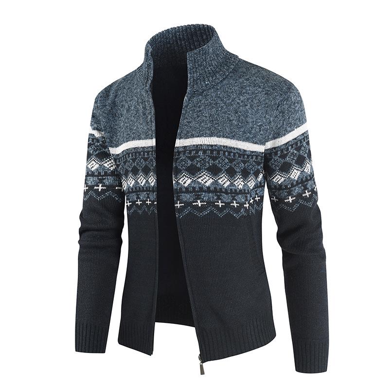 Autumn and Winter New Sweater Men's Stand-up Collar Color Matching Knitted Cardigan Casual Men's Sweater