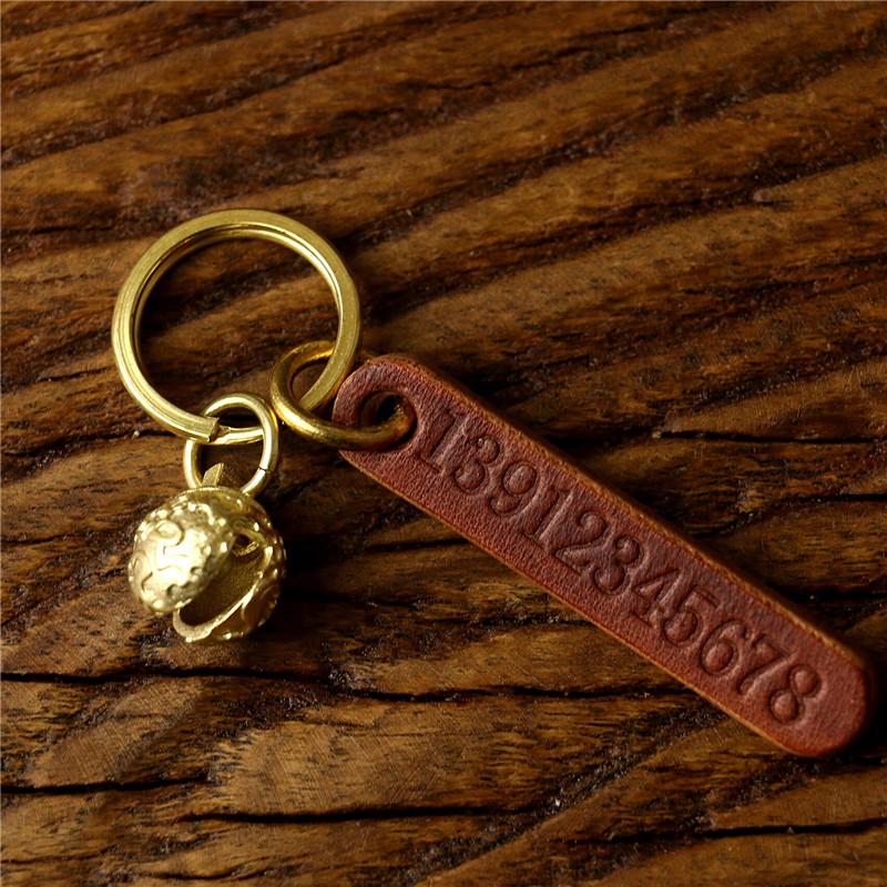 Ретро брелок для ключей автомобиля из гравированной коровьей кожи с индивидуальной биркой для номера телефона
