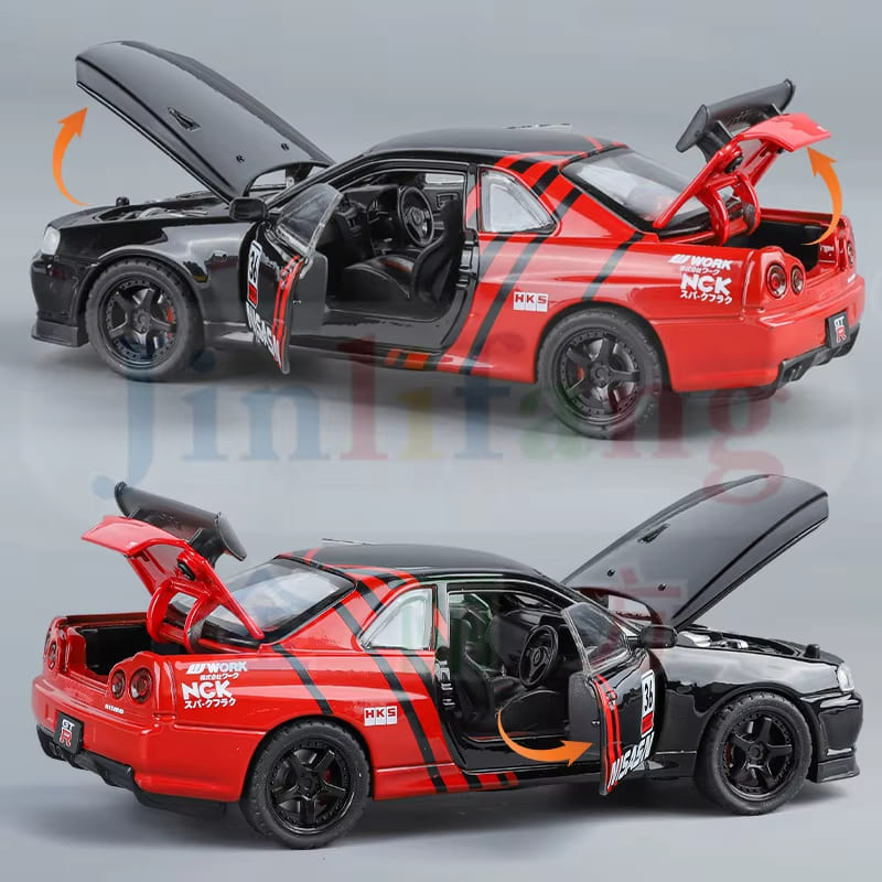 New 1:32 GTR R34 Low Lying Sports Car Alloy Die-cast Toy Car Metal Toy Car Model Sound and Light Pull Back Collection Children's Toy Gift