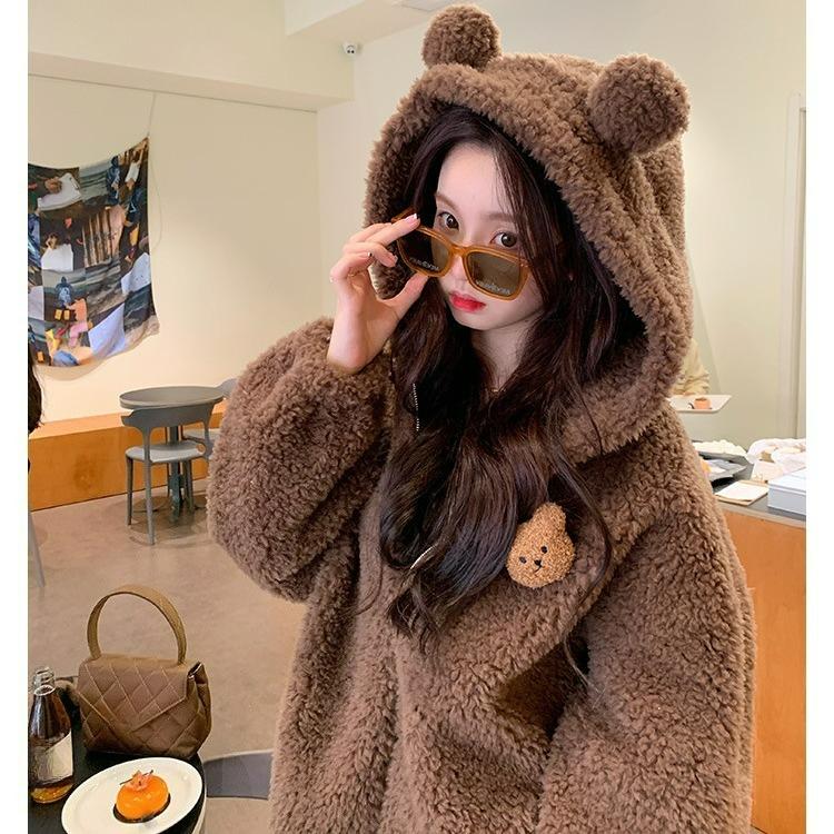 Свитер из овечьей шерсти с медвежьими ушками, женский кардиган на молнии, осенне-зимняя шерстяная куртка в ленивом стиле, женская