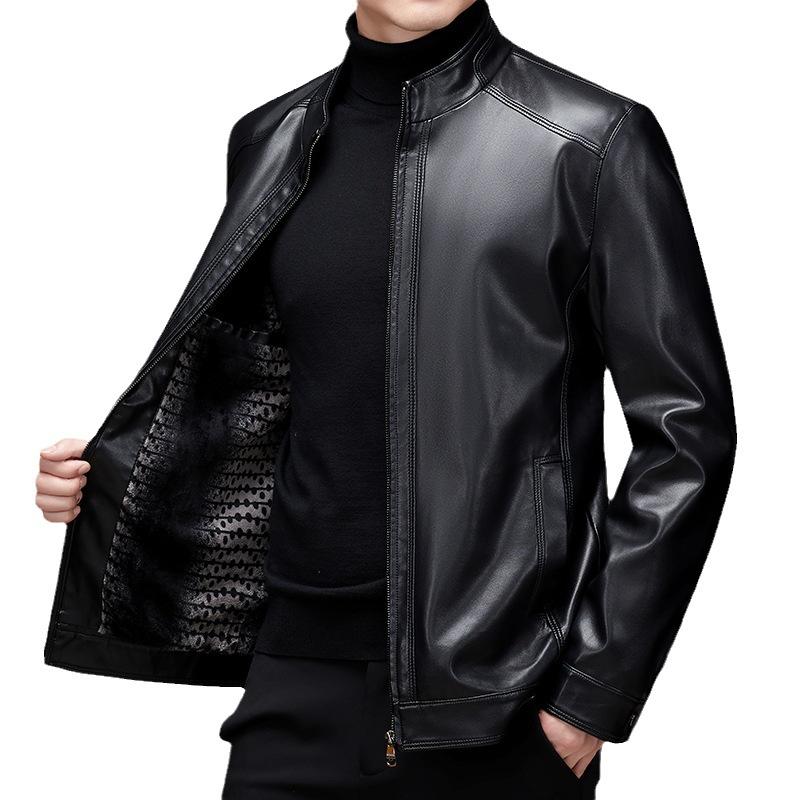 Autumn and Winter New Men's Leather Jacket Business Casual Stand-up Collar Fleece Thickened Leather Jacket Men's Jacket Plus Size