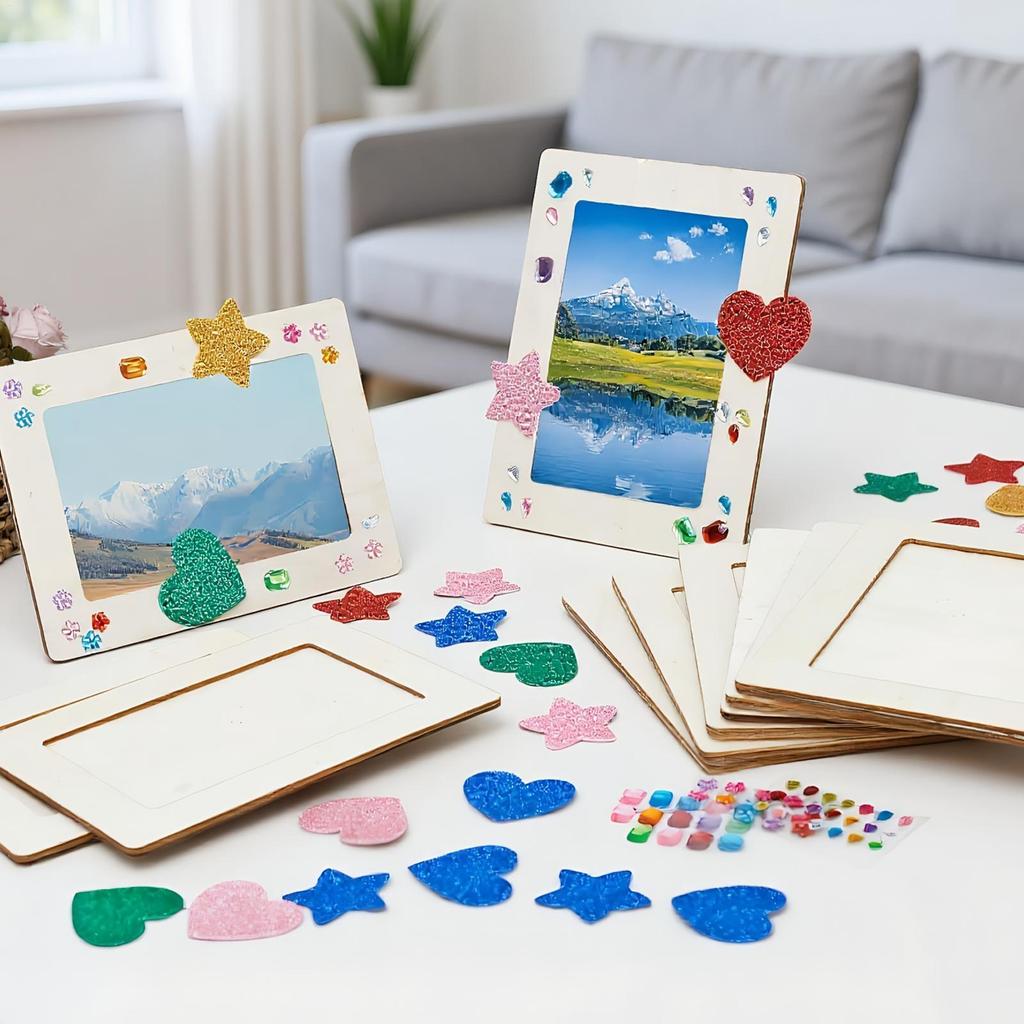 8pcs/set Wooden Picture Frame Set Unfinished DIY Photo Frame with Stickers Painting Tools Color Rhinestone Stickers for Kid