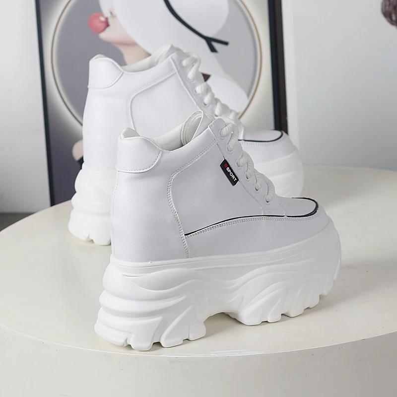 Модная осенне-зимняя женская обувь из кожи с высоким верхом, кроссовки на платформе и танкетке, массивная обувь, скрытый каблук 12 см, белая, черная, женская повседневная обувь