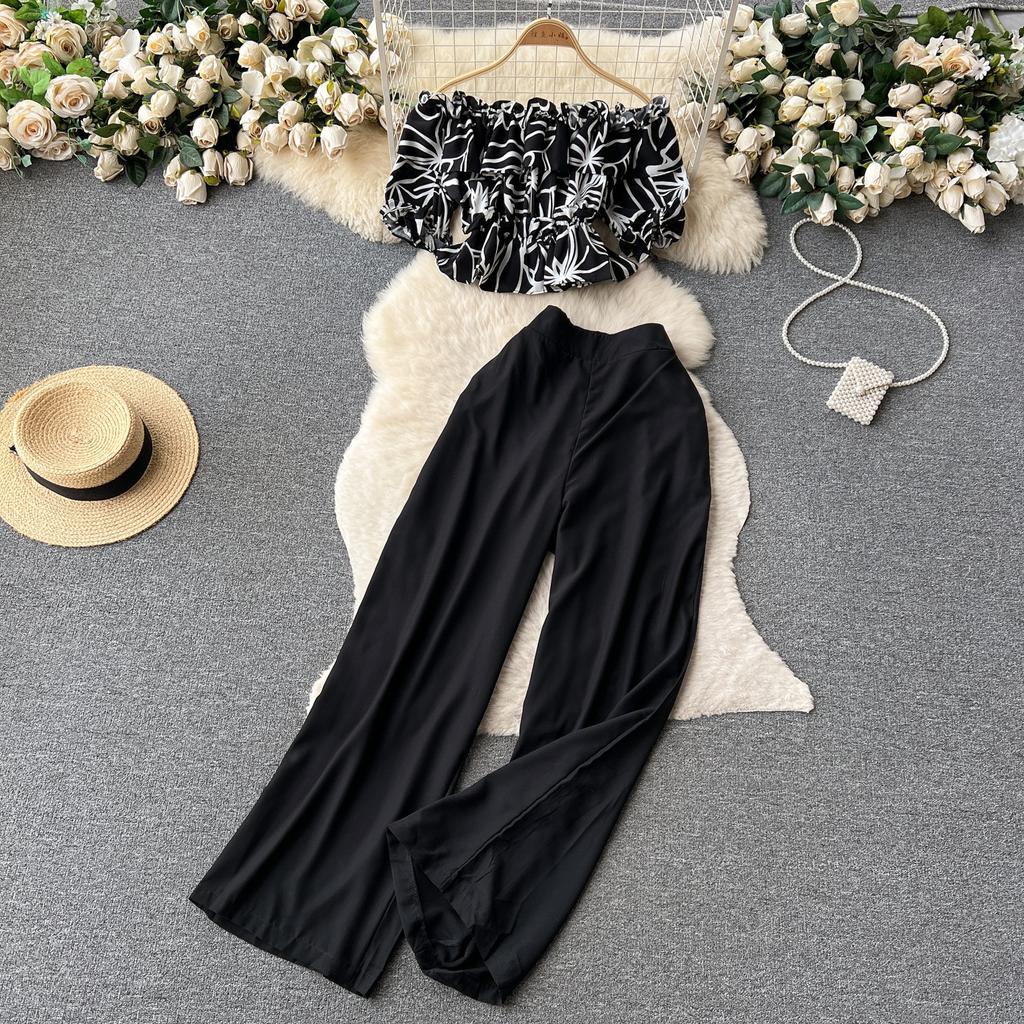 Модный французский костюм-рубашка на одно плечо с оборками и цветочным принтом, женский тонкий широкий брючный костюм с высокой талией