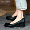 Fashion Comemore 2025 New Real Cow Leather Spring Round Toe Girl Black Work Pumps Shoes for Woman Zapatos Med Square High Heels Women 43
