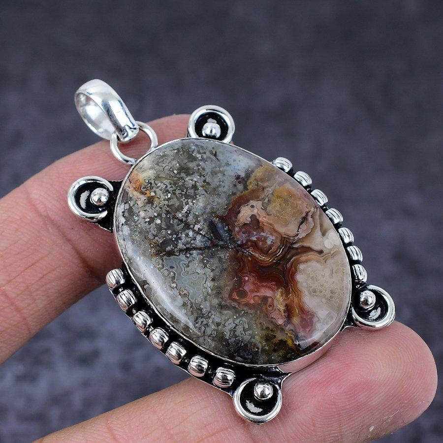 Natural Crazy Lace Agate Handmade 925 Sterling Silver Jewelry Pendant 2.21" R5f11