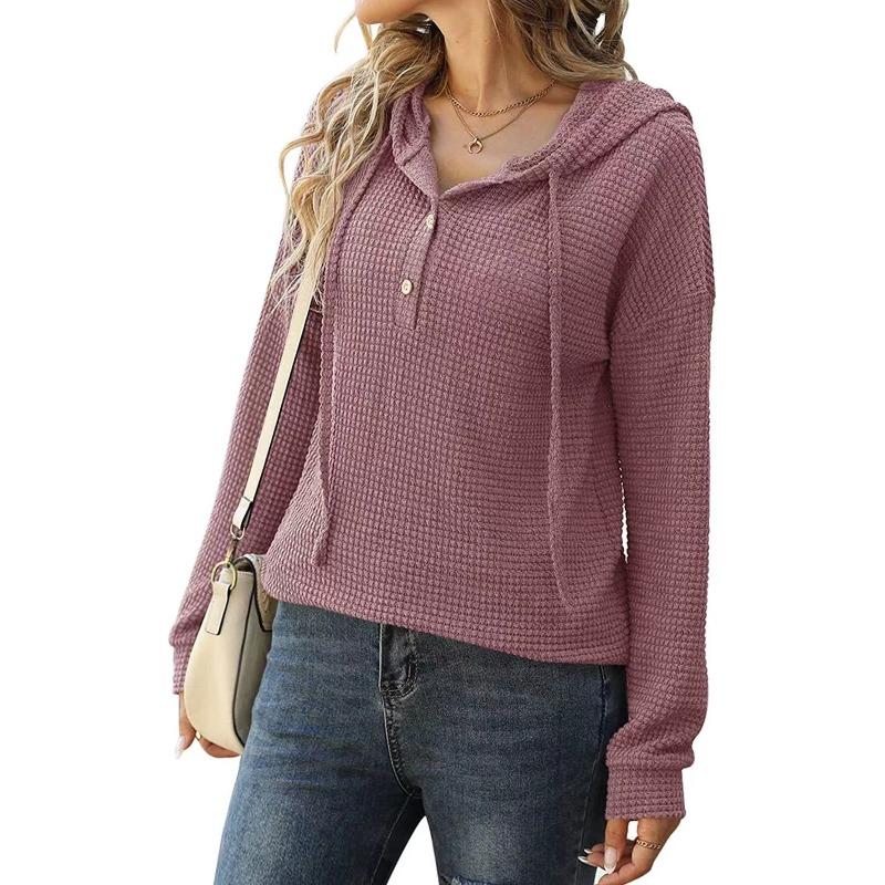 Autumn Winter Women's Loose Sports Knit Sweater, Long Sleeved Button Up Hooded Sweater