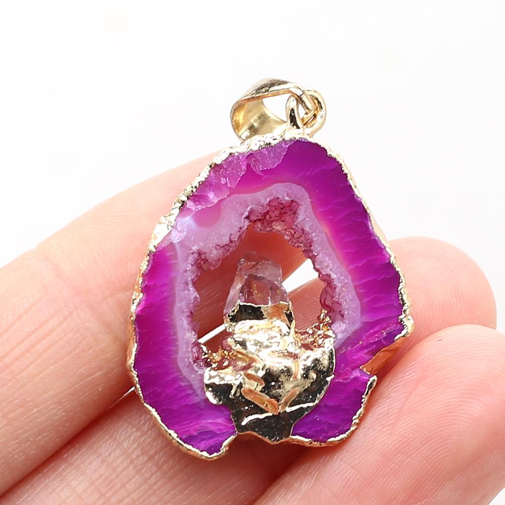 1Pc Energy Natural Agates Pendants with Amethyst, Fashion Handmade Irregular Druze Charms for Jewelry Making DIY Accessories Fit Necklaces Craft Gift
